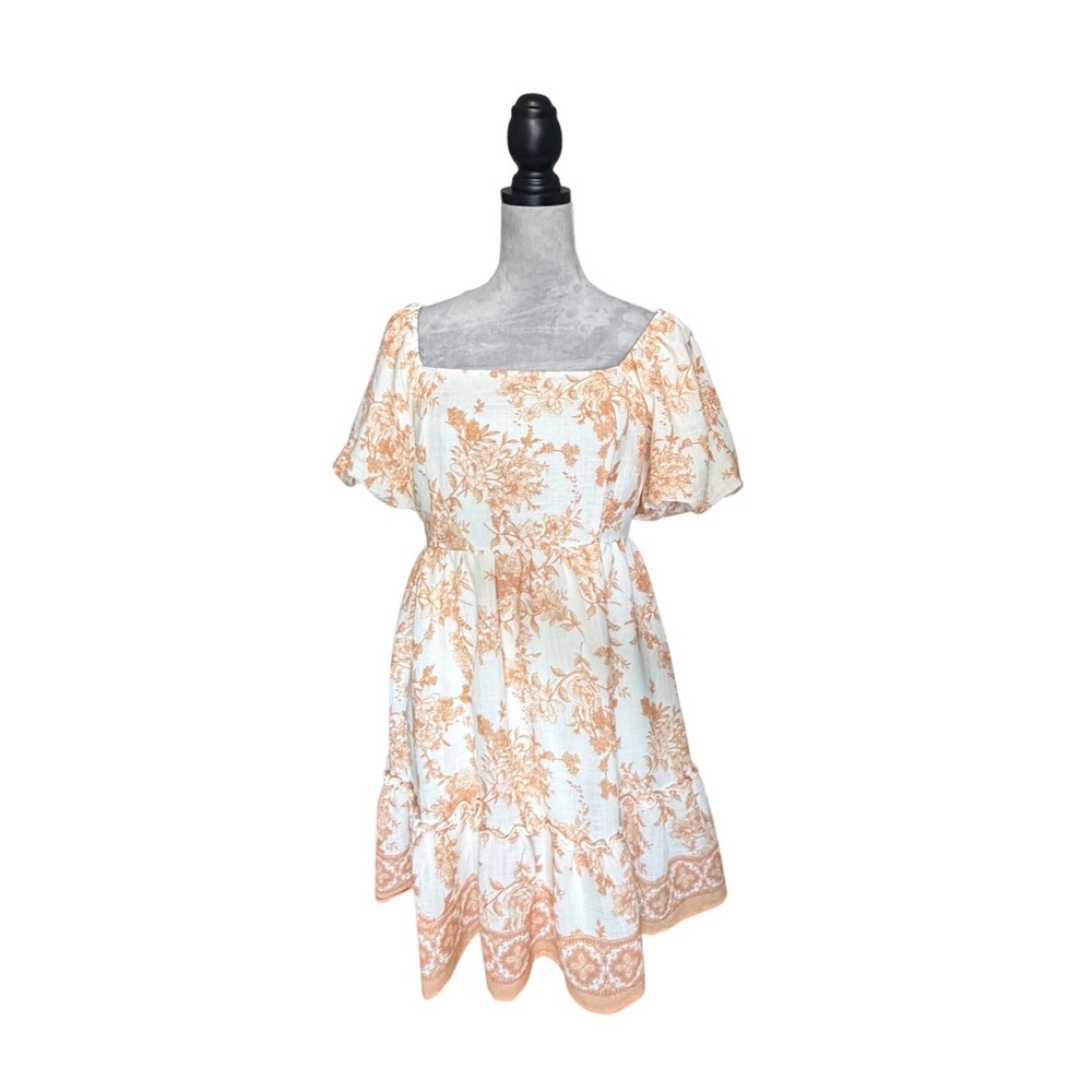 Blu Pepper Floral Puff Sleeve Mini Dress Orange Cream Square Neck Cottagecore L